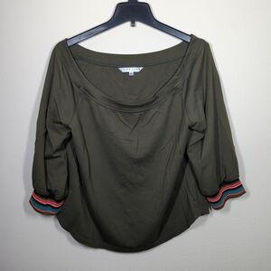 Trina Turk Livia Top Boat Neck Pullover Shirt 3/4 Sleeve/Olive Green Size XL